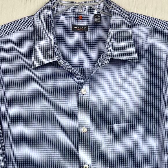 Van Heusen Traveler shirt men’s 2XLT button up long sleeve blue plaid check - Picture 3 of 8